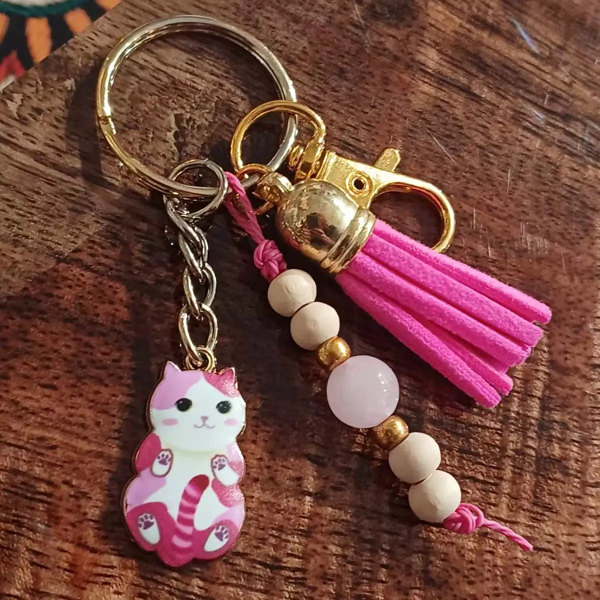 Porte-Clés Chat et Quartz Rose